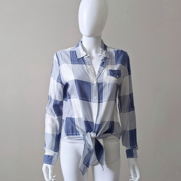 Blue & White Plaid Tie Front Shirt - Picture 2 of 5